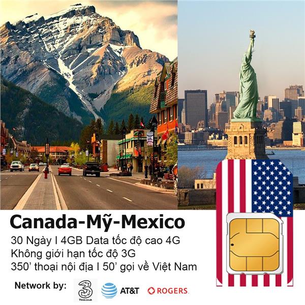 Sim du lịch Mỹ - Canada - Mexico - 30 ngày - 4GB - 4G